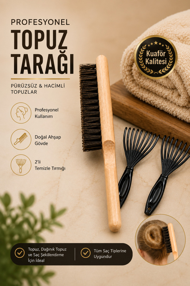 Professional Bun Comb Wooden Hair Styling Brush Set of 2 Cleaning Rake Set