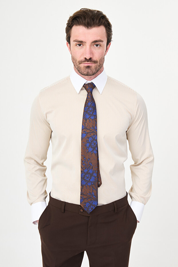 Striped Slim Fit Polycort Collar Cufflinks Long Sleeve Men's Shirt Beige - 27149.26Y