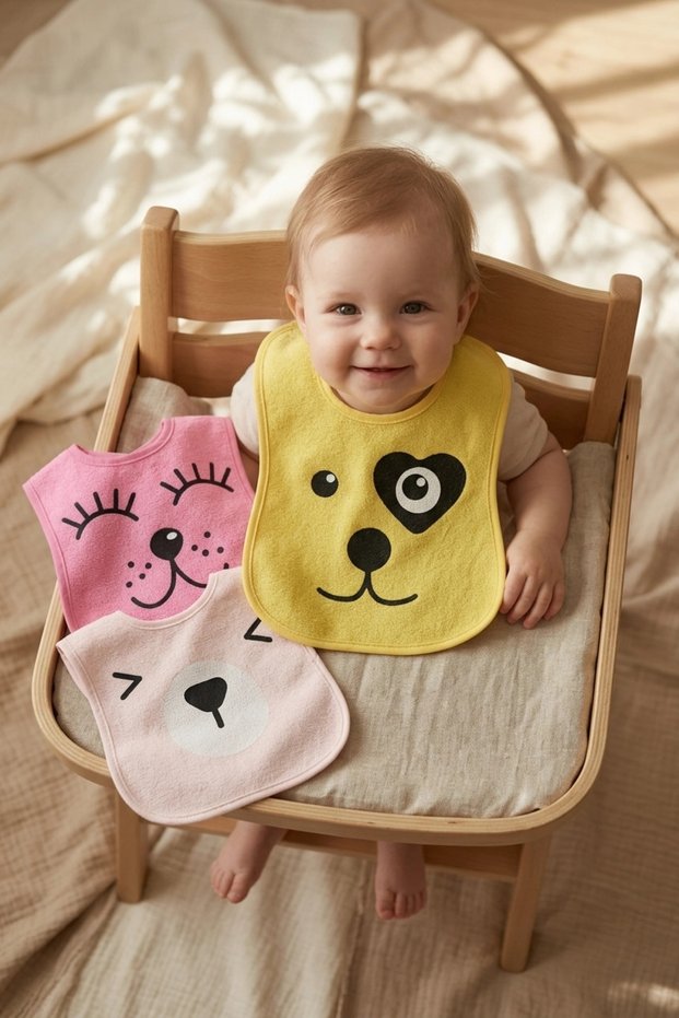 Lumi 3-Pack Soft Textured Baby Bib Set with Animal Figures - 100% Cotton and Liquid Absorbent 0-