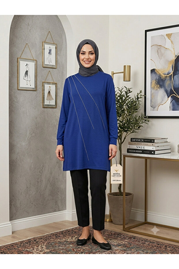 Women's Navy Blue Tunic with Stone Details on the Front