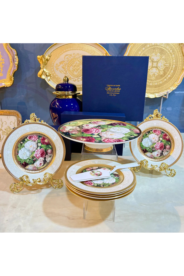Limoges Flower Cake Stand Set (Stand & 6 Plates)