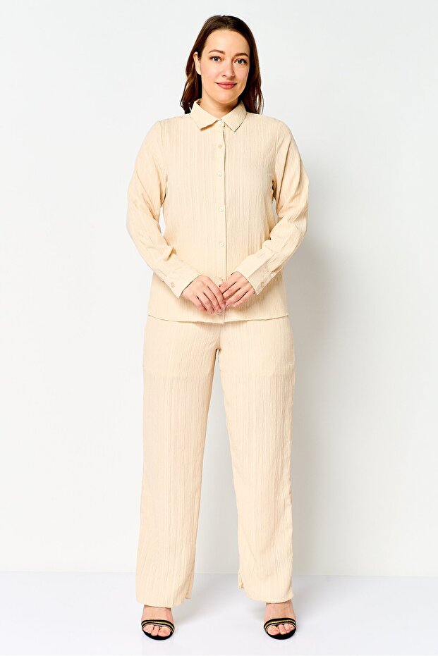 Women 2 Pieces Textured Long Sleeve Shirt And Bottom Set, Beige