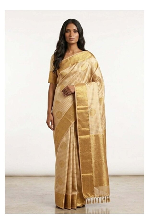 Nool Ponni Gold Kanchipuram Silk Saree with Unstitched Blouse