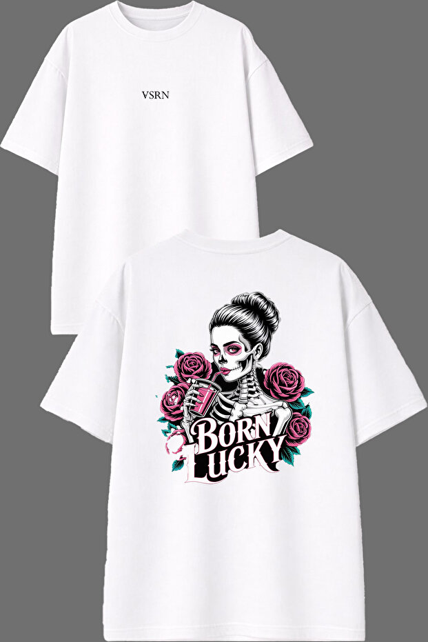 Born Lucky Design Front and Back Printed White Oversize T-Shirt