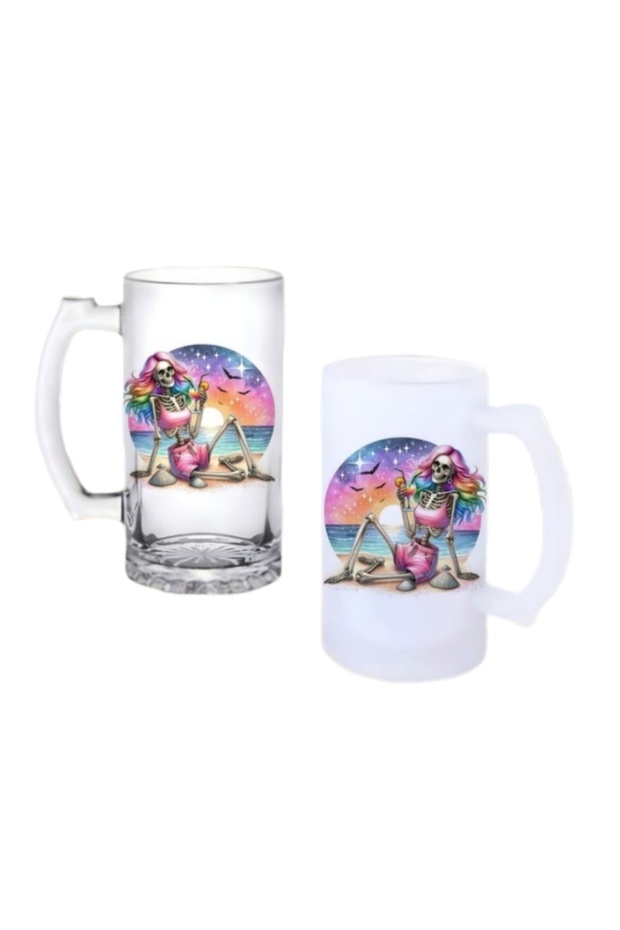 Skeleton Woman Beer Glass with Handle, Available in Frosted or Transparent 0115