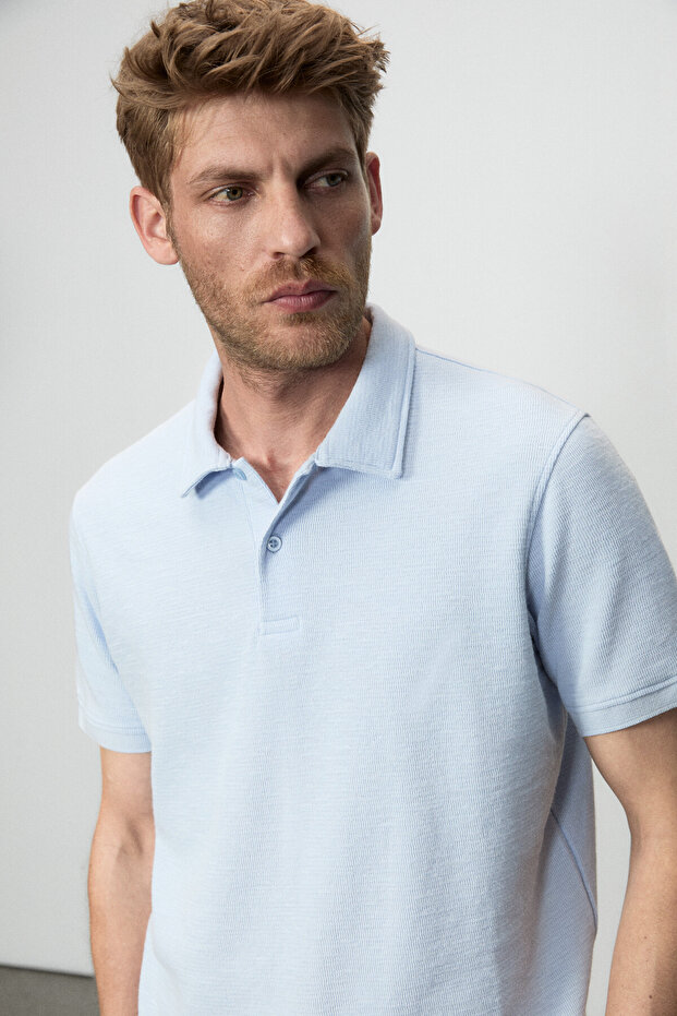 Minnutu Men's Organic Cotton Polo Collar Regular Fit Blue T-Shirt