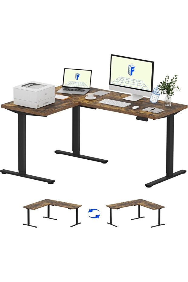 Electric Height Adjustable L-Shaped Standing Desk 63 x 47 Inch Reversible Corner with Memory Presets and Anti-Collision System Ergonomic Sit Stand Workstation for Home Office - Rustic Brown