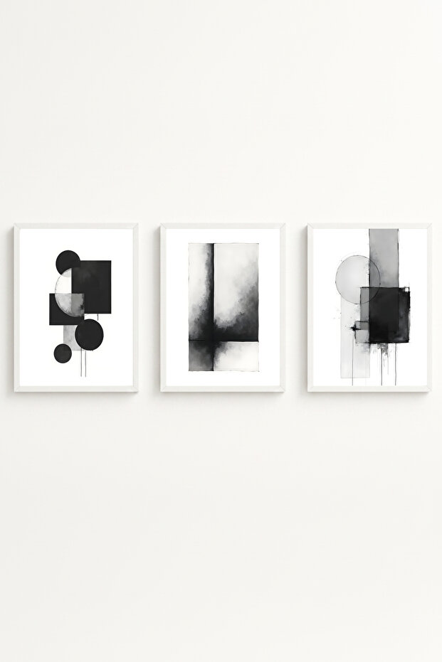 White Wooden Framed 3 Piece Set Painting Huhu432 - Triple Painting Set White Frame