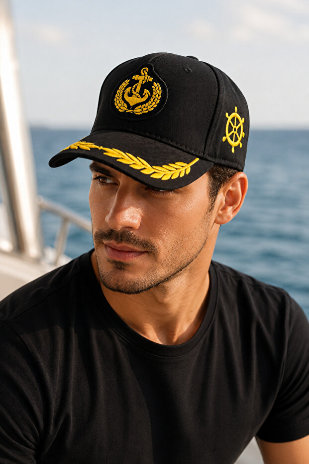 Men's Sailor Captain Hat Black with Gold Embroidery Adjustable Hat