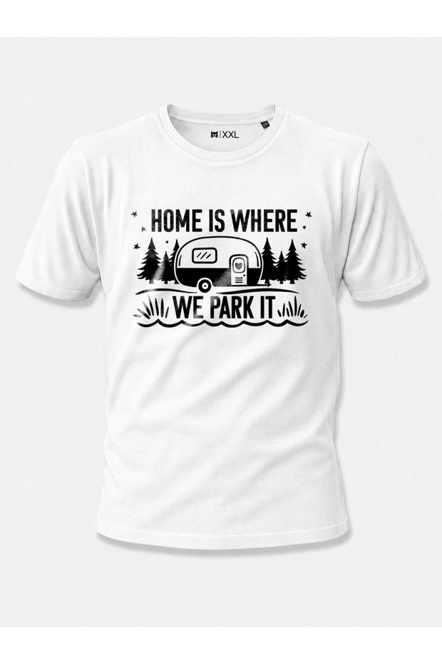Home Is Where We Park It Caravan and Camping Themed Printed 100% Cotton Unisex Navy Blue T-Shirt