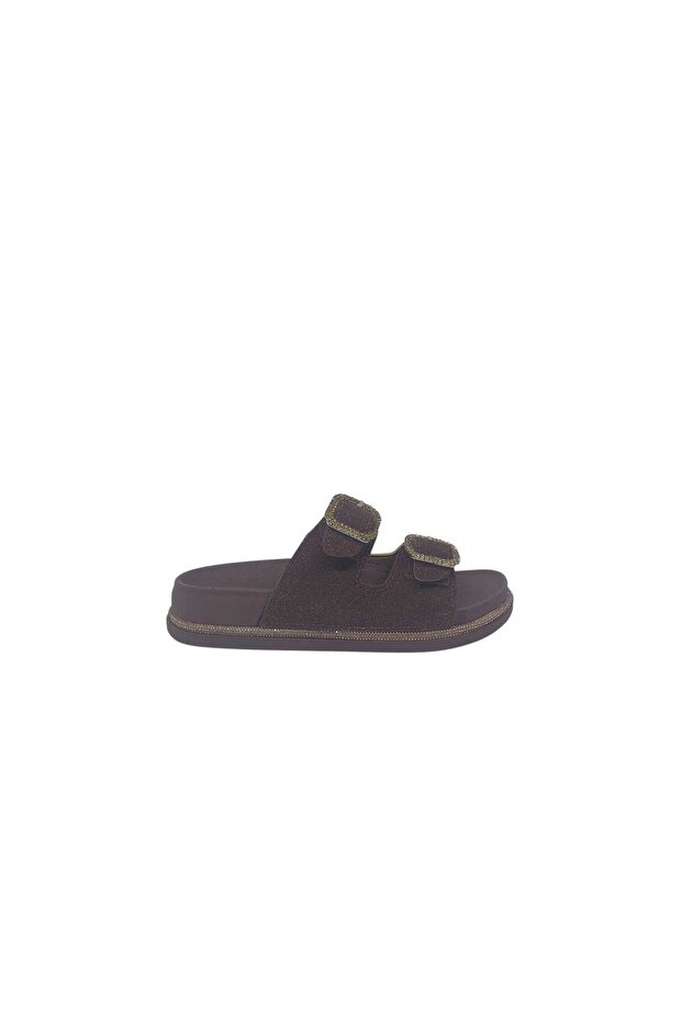 Pienn 122 Women's Brown Stone Buckle Thick Sole Slippers
