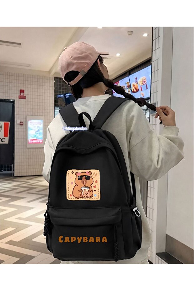 Black - Capybara Printed School Backpack - Mingalondon
