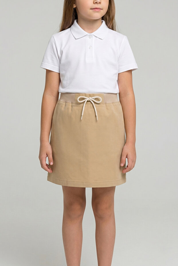 Girl's Ribbed Waist Beige Canvas School Shorts Skirt
