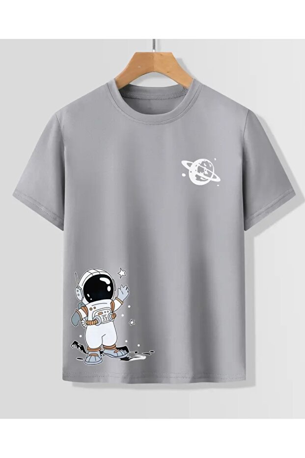 White Planet Astronaut Printed Round Neck Boys' T-Shirt