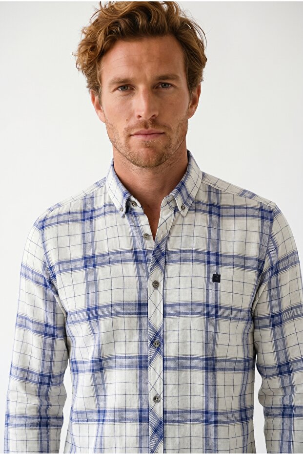 Men's Long Sleeve Plaid Linen Shirt 2449