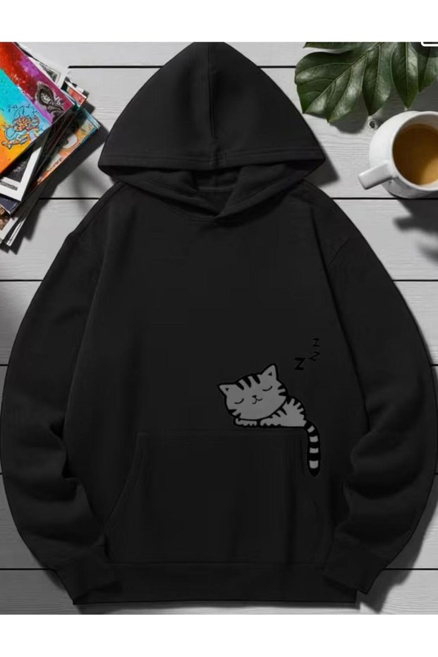 Hooded Sleepy Cat Printed 2-Ply Fleece Sweatshirt for Girls and Boys