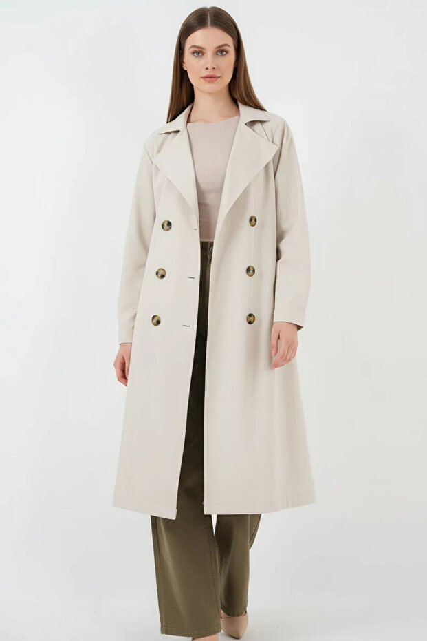 Women's Double-Breasted Collar Belted Printed Back A.Beige Trench Coat