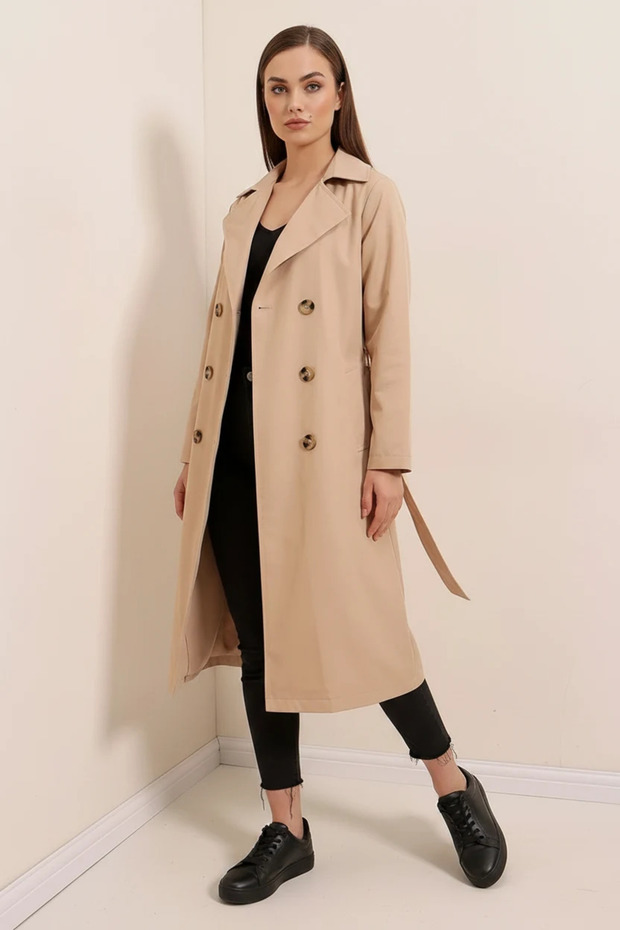 Women's Double-Breasted Collared Belted Mink Trench Coat