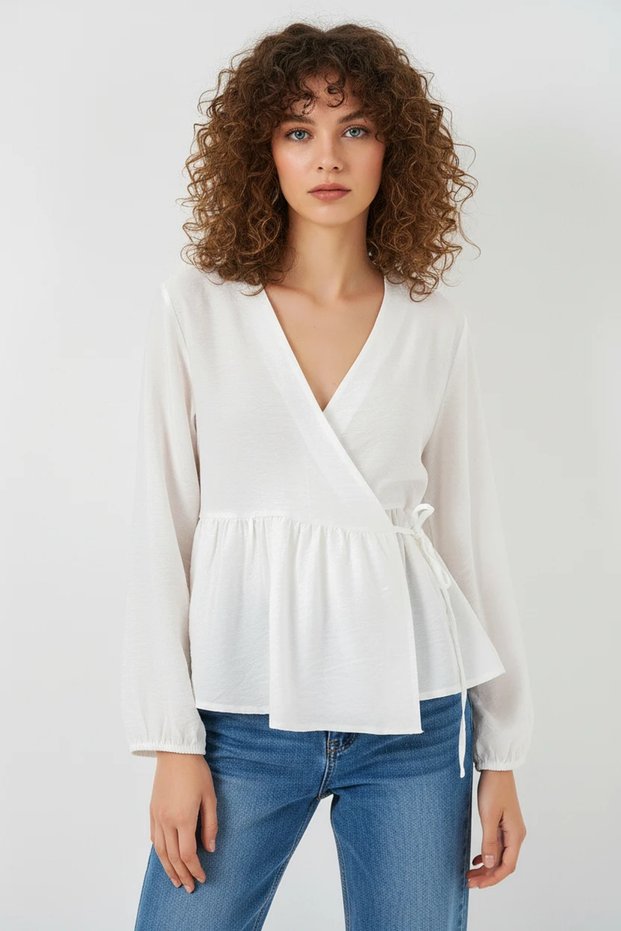 Women's V-Neck Gathered Waist Side Tie Viscose White Blouse