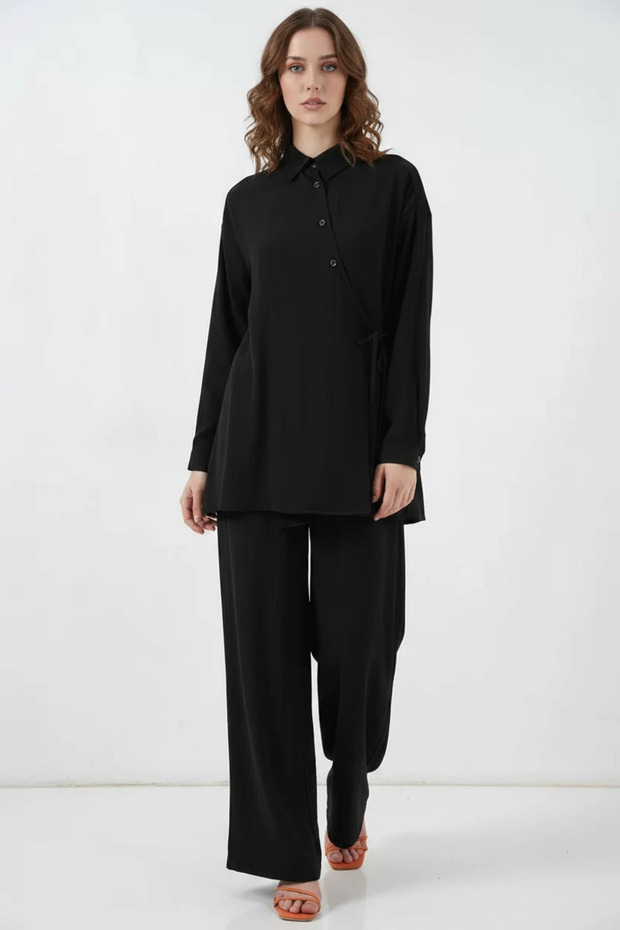 Women's Shirt Collar Lace-Up Viscose Black Double Set