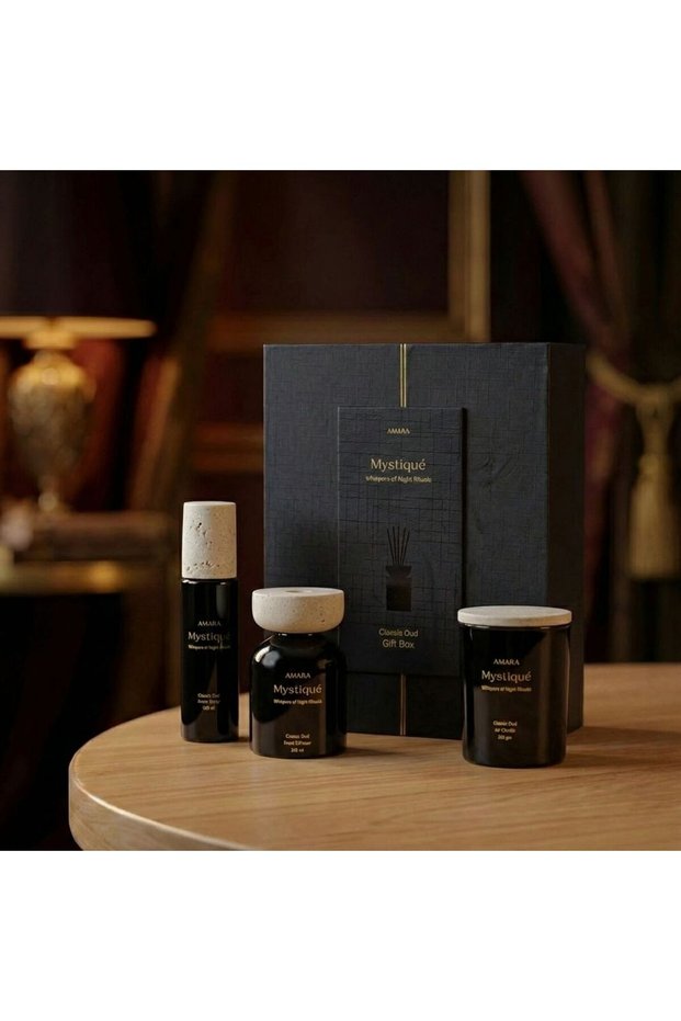 Mystique Classic Oud Gift Set ( Jar Candle- 220G, Room Spray-100Ml, Reed Diffuser-200Ml )
