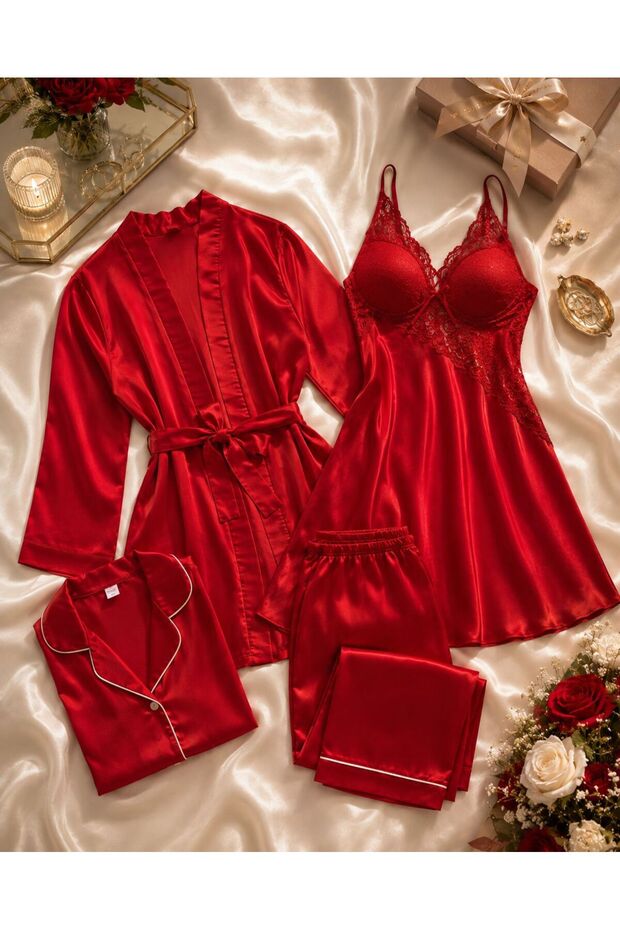 Love Night 4 Piece Red Women's Nightgown Dowry Set