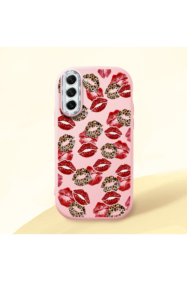 Samsung Galaxy S21 Fe Compatible Case Camera Protector Pink Silicone Couple Phone Case with Kiss Pattern