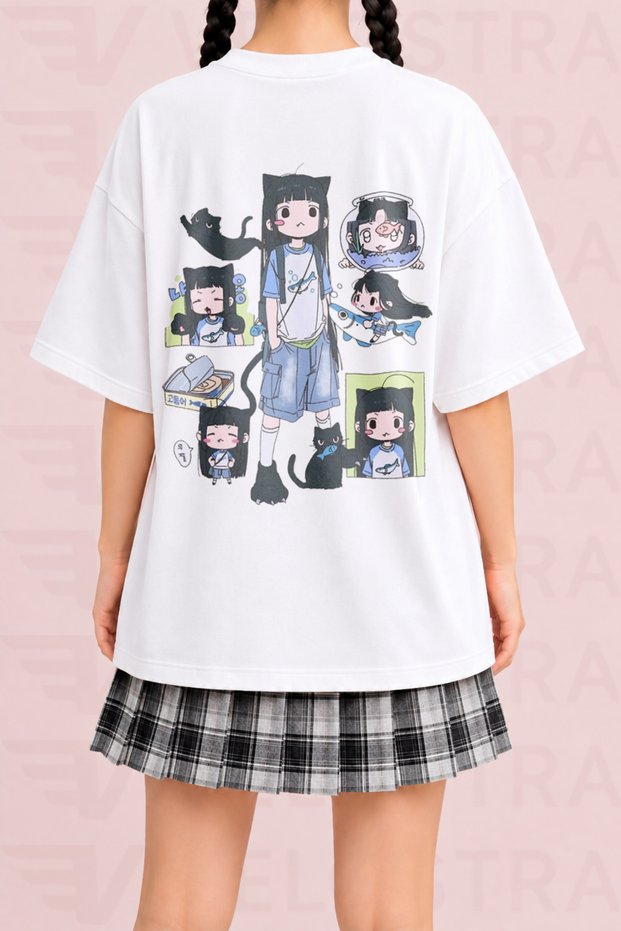 Women's Cute Anime Girl Printed Oversize Crew Neck Cotton Casual Combed Cotton T-Shirt