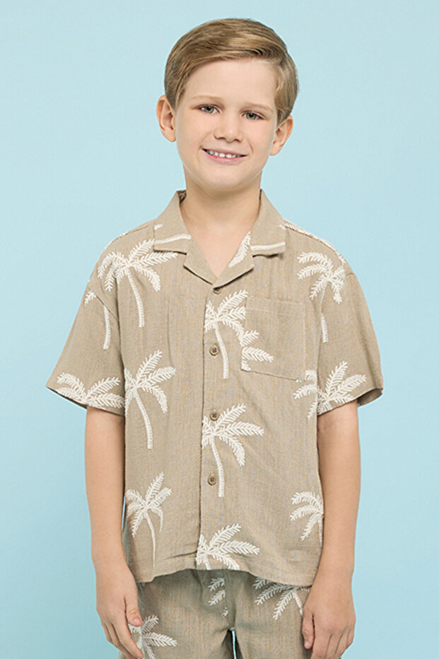 Embroidered Shirt with Revere Collar and Short Sleeves