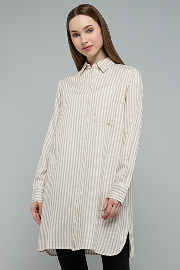 Striped Shirt Tunic with Classic Collar and Long Sleeves