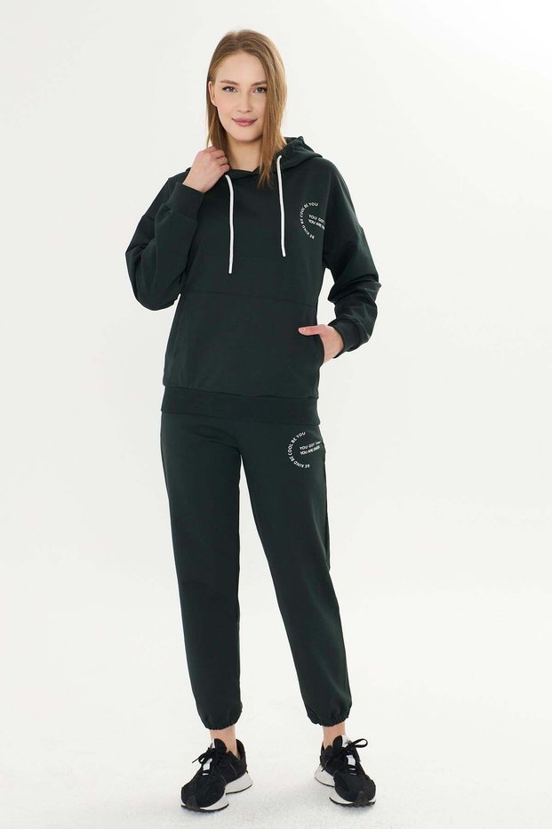 Women's Cotton Hooded Sweatshirt Set with Pockets Petrol Green 8513-P.Y