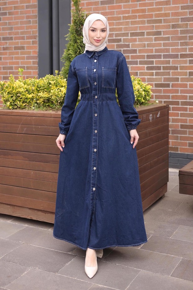 Navy Blue Elastic Waist Buttoned Denim Dress
