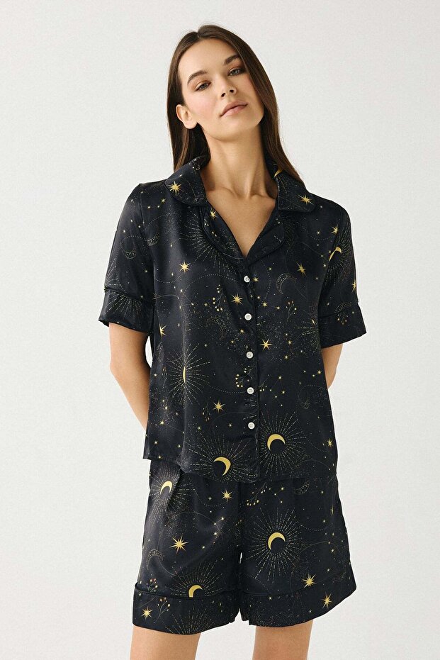 Luna Touch Shirt Shorts 2-Piece Satin Set Navy Blue