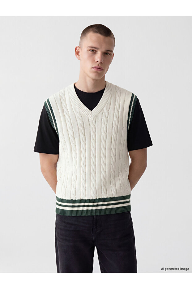 Xside Ecru V-Neck Hair Knit Patterned Men's Knitwear Sweater