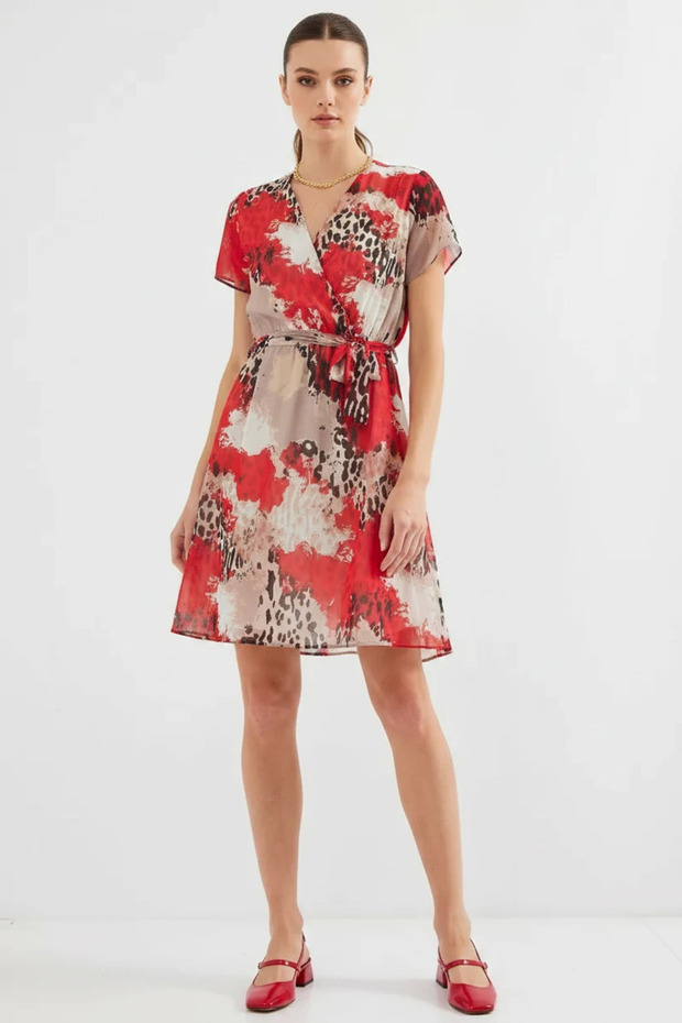 Women's Short Sleeve Belted Patterned Chiffon Red Dress