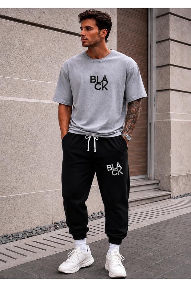Unisex Wide Cut Tracksuit and T-Shirt Black Printed Set
