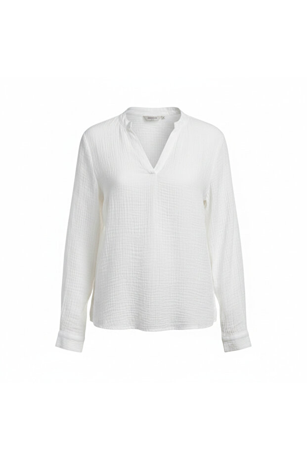 Women's White Crinkle Cotton V-Neck Blouse