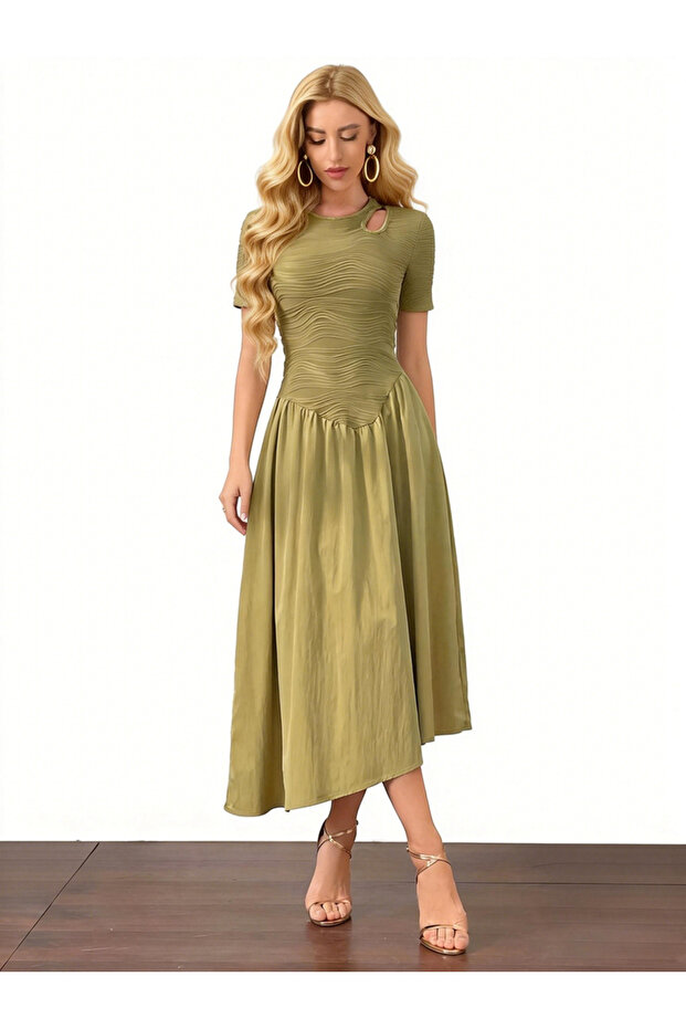 Olive Textured Midi Dress with Cutout Detail
