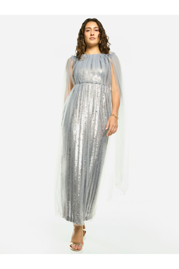 Sequin Veil Overlay Evening Maxi Dress