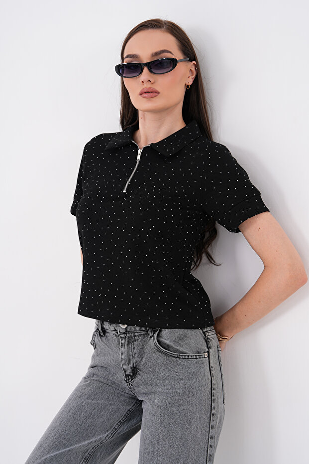 Half Zipper Stone Crystal Short Sleeve T-Shirt