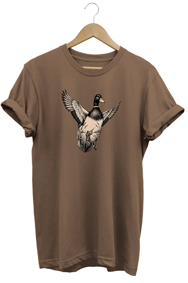 Unisex Regular Duck and Hunter Illustration Printed Crew Neck T-Shirt