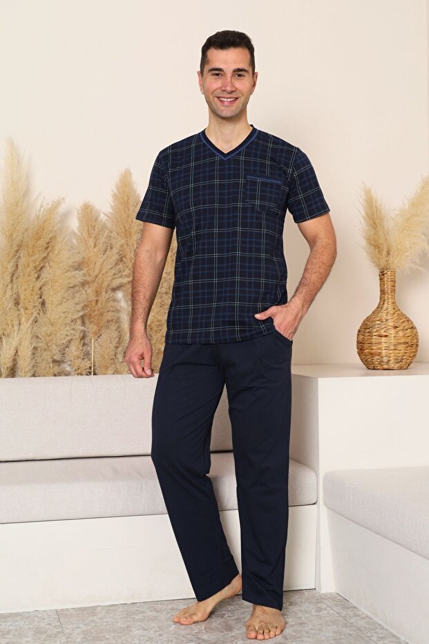 Men's Pajama Set - Navy Blue Checkered V-Neck Short Sleeve Combed Cotton 1226Ky