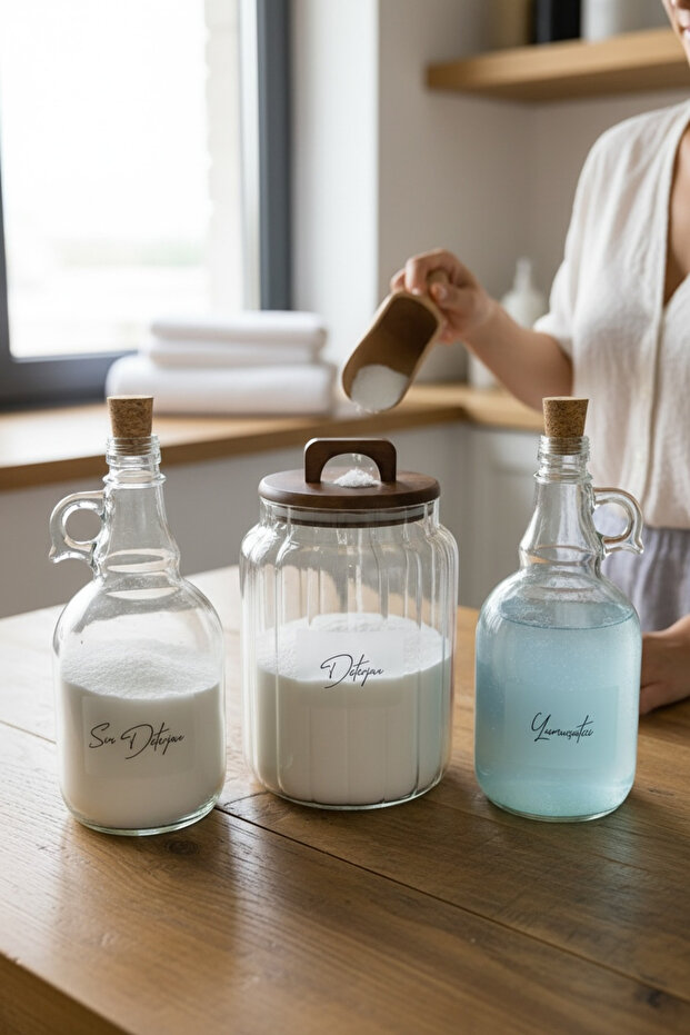  3-Piece Glass Laundry Room Organizer Set - 3 L Acacia Lid Jars & 2 L Liquid Detergent Bottles with Cork Stoppers and Fabric Softener Bottles