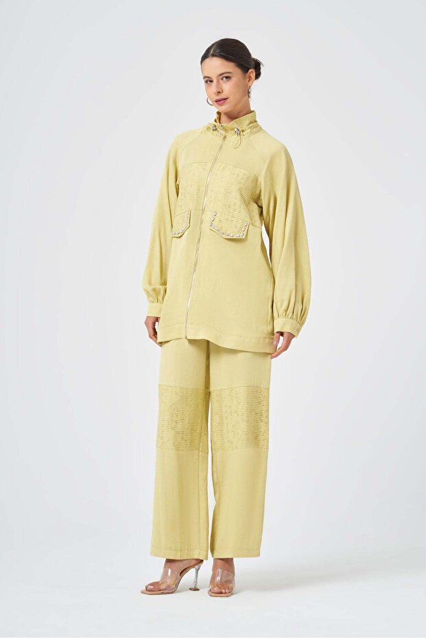 Women's Stone Detailed Zippered Double Suit Set Yellow 31369