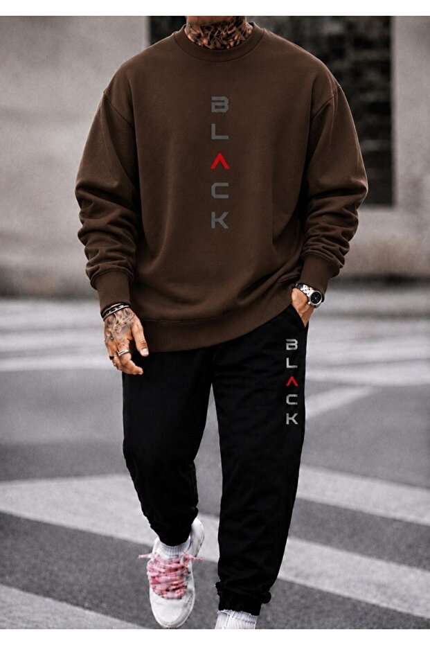 Unisex Wide Cut Zero Neck and Sweatpants Set with Black Print