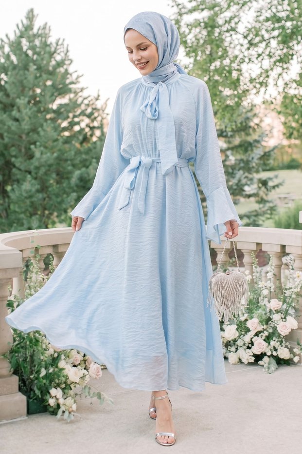 Wide Sleeve Baby Blue Dress with Scarf