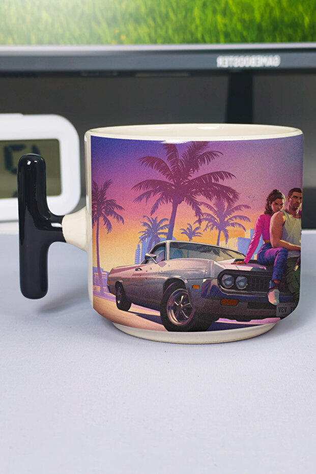 كوب سيراميك فاخر مطبوع عليه GTA 6 (قطعة واحدة) بمقبض أسود خاص على شكل حرف T V1T