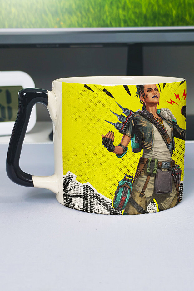 كوب سيراميك فاخر مطبوع عليه Apex Legends (قطعة واحدة) بمقبض أسود خاص بمقبض مموج V3D