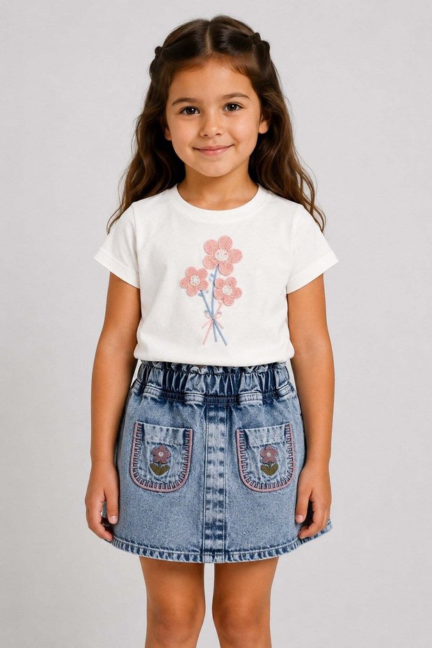 Girl's floral embroidered t-shirt, denim shorts, and skirt set - ages 2-5 - summer denim skort two-piece outfit