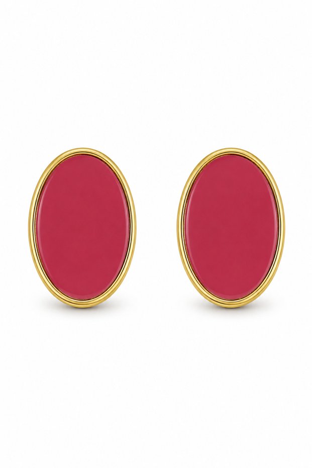 Women's Pink Enamel Oval Steel Earrings - Yellow Plated Casual
